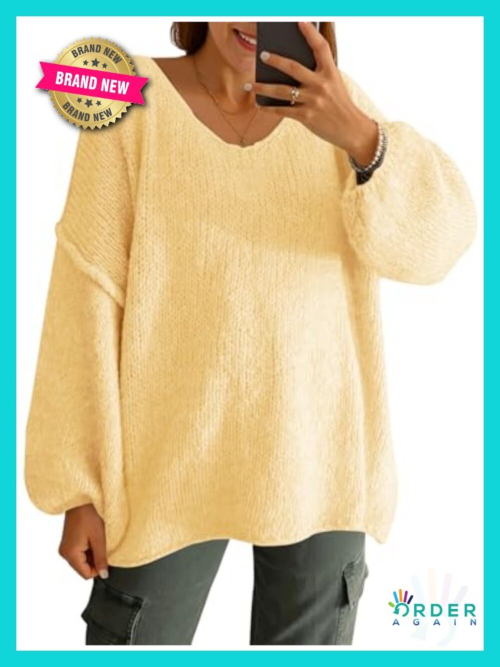 Oversized V Neck Sweater Chunky Lantern Sleeve Knit Tunic Top
